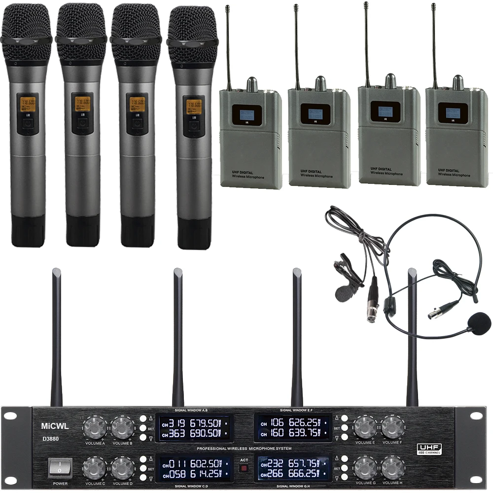 

MiCWL 400 Channel Professional Audio Wireless Microphone 4 Handheld 4 Belt Pack Headset Lapel Desktop Cordless System