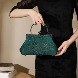 Vintage Deep Green Chinese Style Evening Bags Fashion Black Handle Clutches Handbags For Women Sequin Embroider Flower Clutch