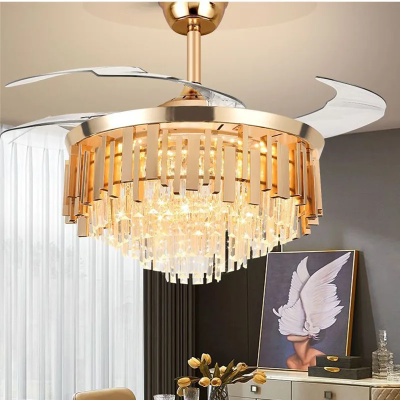 Crystal Ceiling fan Lights Remote Control Modern Chandelier Ceiling Fans Lamps Invisible Living Room Dining Bedroom Fan 42inch