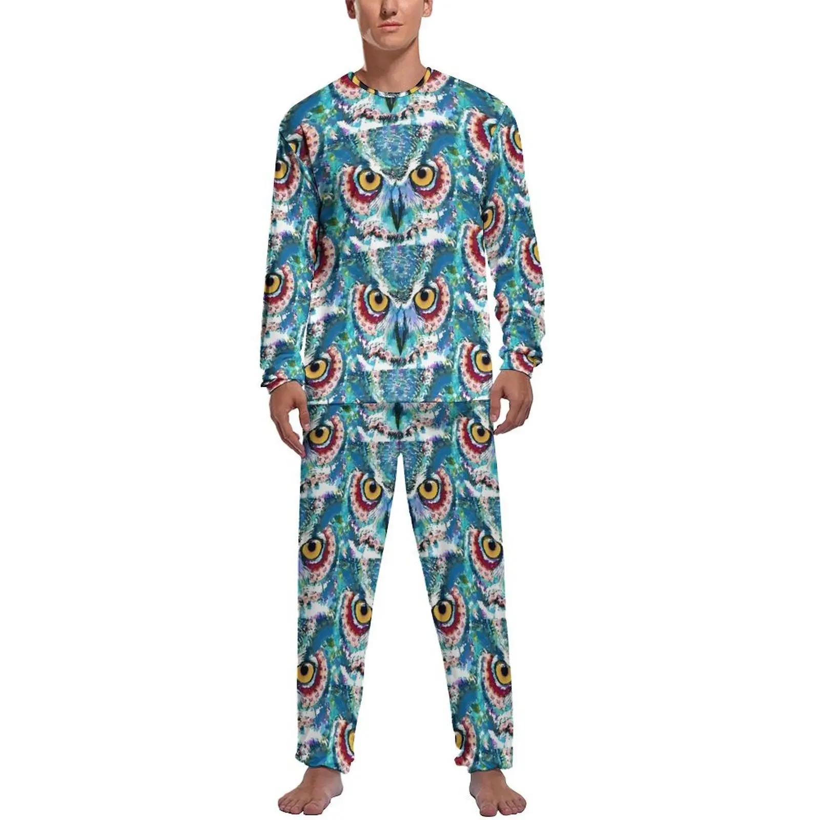 Colorful Bold Owl Art Pajamas Birds Print Mens Long-Sleeve Cool Pajamas Set 2 Piece Leisure Autumn Graphic Nightwear Gift Idea