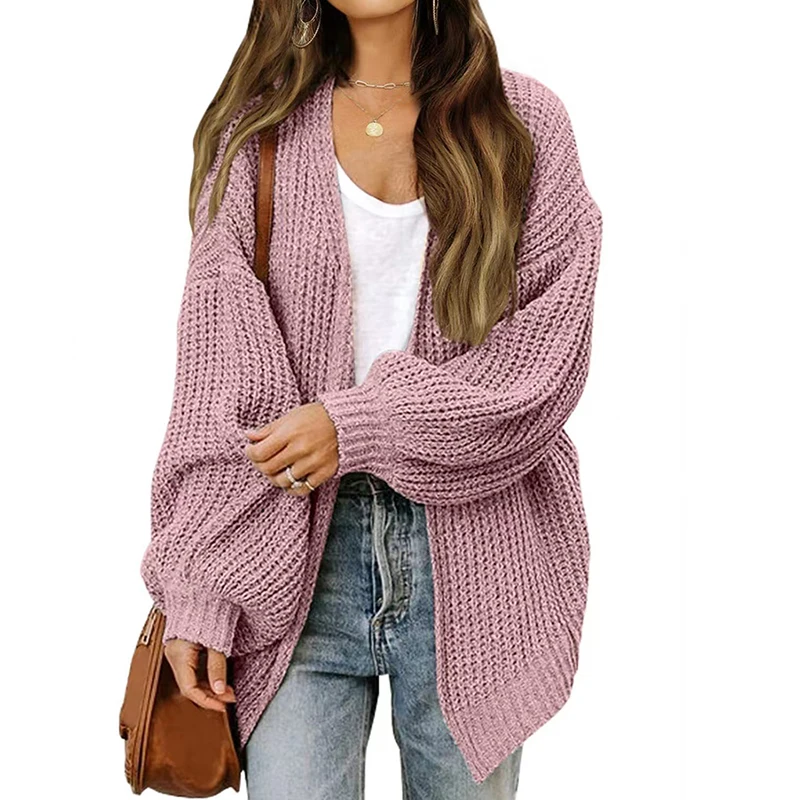 ABRINI Women Loose Casual Sweater Coat Lantern Sleeve Warm Jacket Solid Cardigan Coat Knit Autumn Winter Solid Chic Outerwear