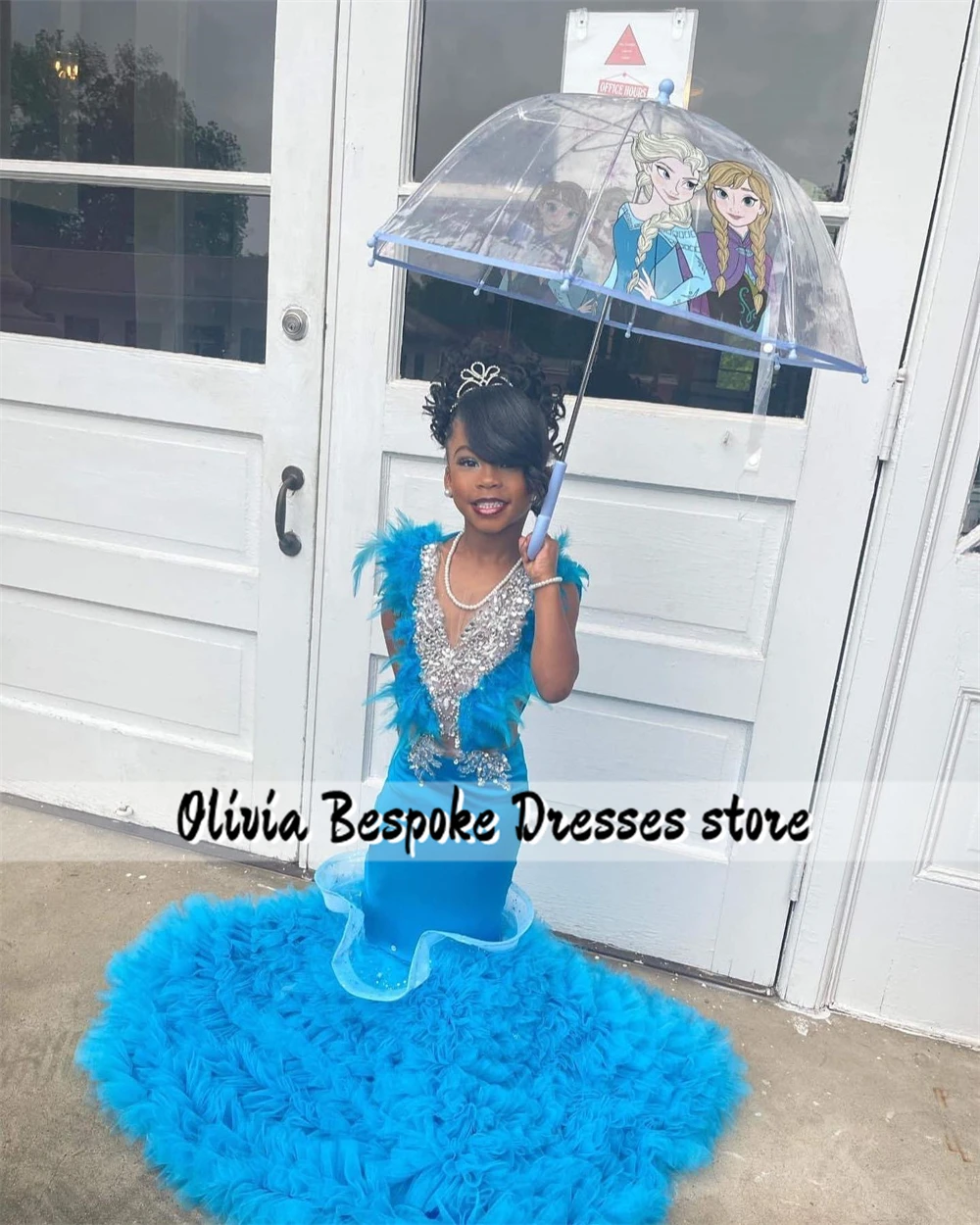 Fantastic Blue Feathers Flower Girls Dresses For Wedding Party Silvery Crystal Tulle Ruched Train Princess Prom Dress Customized
