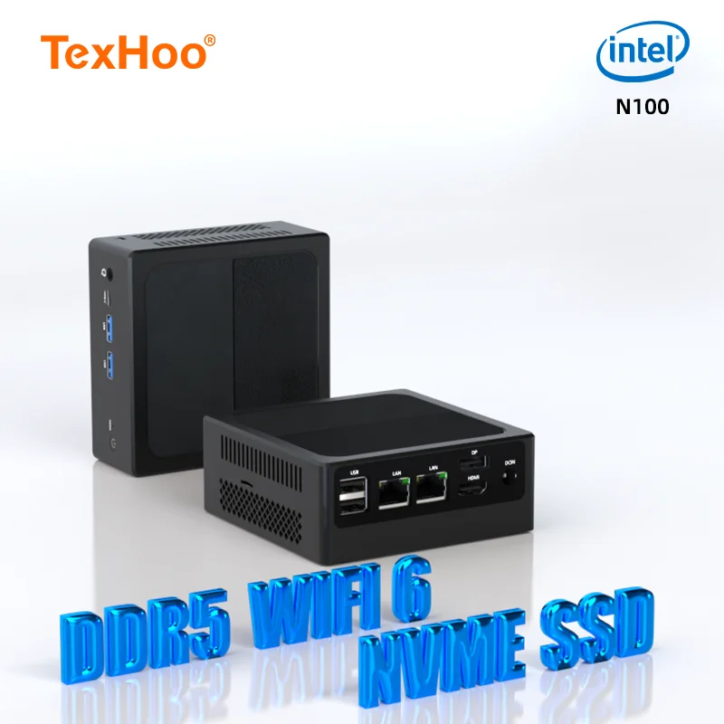 TexHoo Мини-ПК Intel N100 Двухдиапазонный WiFi6 BT5.2 16 ГБ DDR5 512 ГБ NVME SSD HDMI DP Dual LAN Настольный игровой компьютер Мини-ПК Геймер