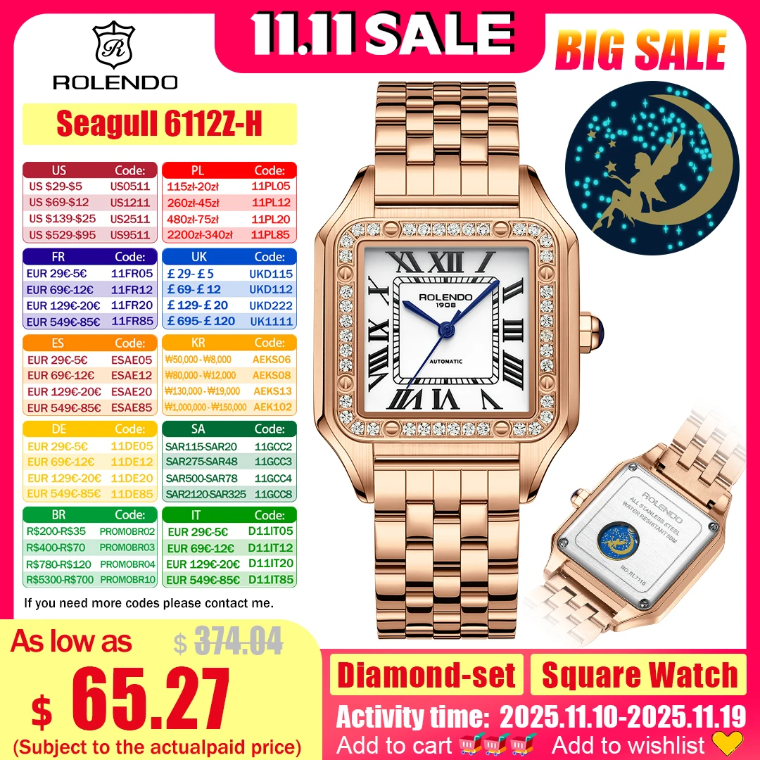 ROLENDO Luxury Gold Square Watch for Santos 33mm Diamond-Set Sapphire Crystal Roman Scale 5ATM Women's Automatic Wristwatch Gift