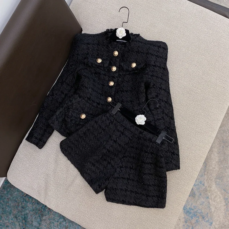 

HIGH STREET 2024 New Designer Runway Suit Set Women's Gold Buttons Tweed Jacket Shorts Set