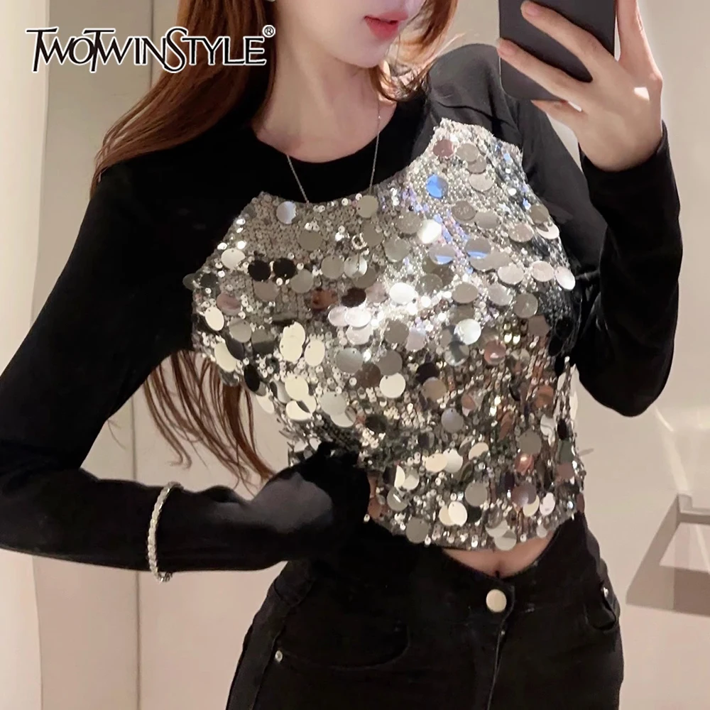 

TWOTWINSTYLE однотонная футболка с блестками, женская уличная одежда с круглым вырезом и длинными рукавами для похудения, женские футболки, осенний стиль, мода