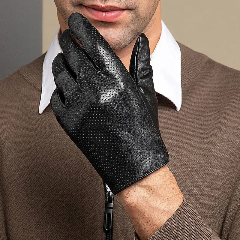 2023 Autumn Men style Business Sheepskin Leather Gloves Winter Full Finger Touch Screen Black Gloves Riding Motorcycle Gloves