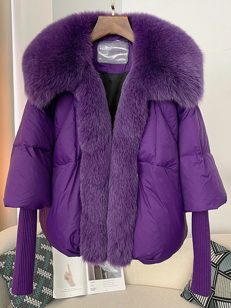 DEAT Fashion Purple True Fox Fur Collar Down Coat Women's Loose Threaded Sleeves Short Thick Jacket Winter 2024 New Tide 7AB6576