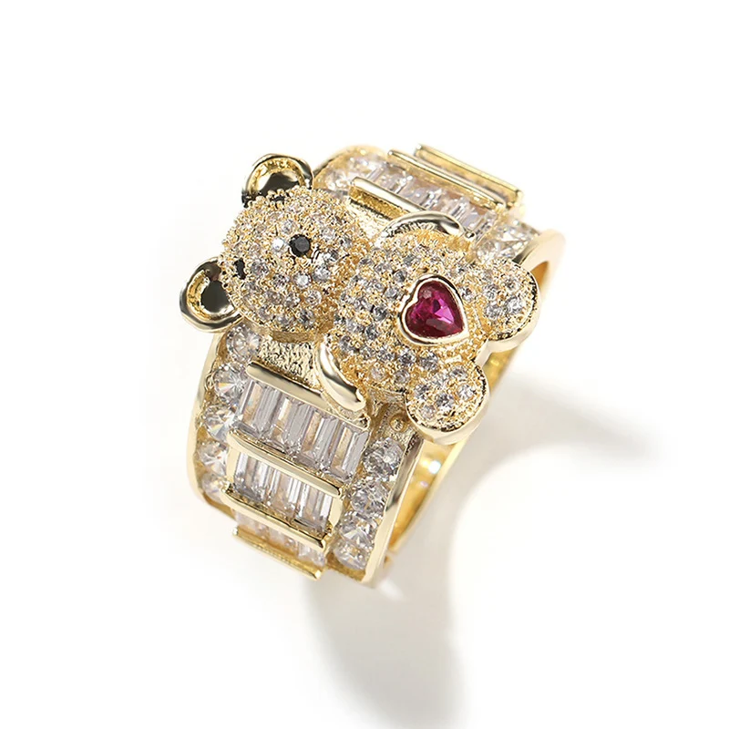

Хип-хоп 5A+ CZ Stone Paved Bling Ice Out Регулируемый открытый размер Кольца с маленьким медвежонком для женщин Рэпер Ювелирные изделия Золотого цвета