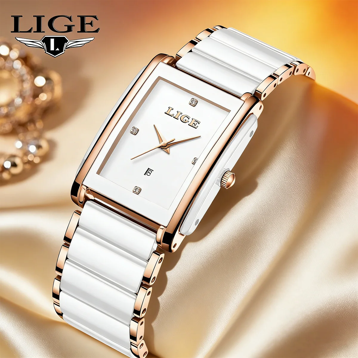 LIGE Fashion Square Elegant Watch for Women Simple Diamond Ceramics Strap Luxury Ladies Bracelet Quartz Watches Gift Reloj Mujer