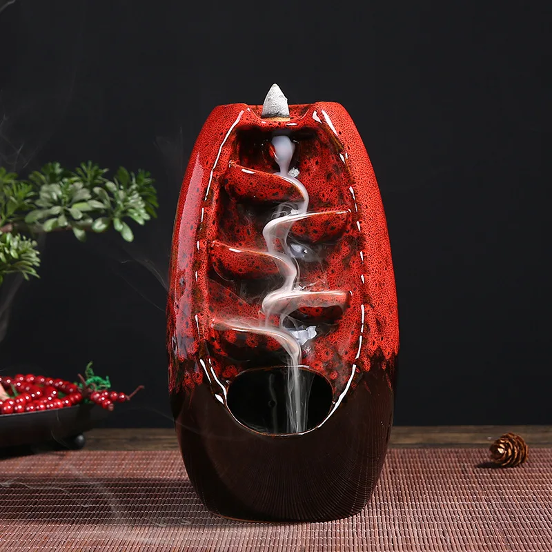 Waterfall Red Ceramic Incense Backflow Incense Cones Censer Home Decor Incense Holder Room Office Ornament