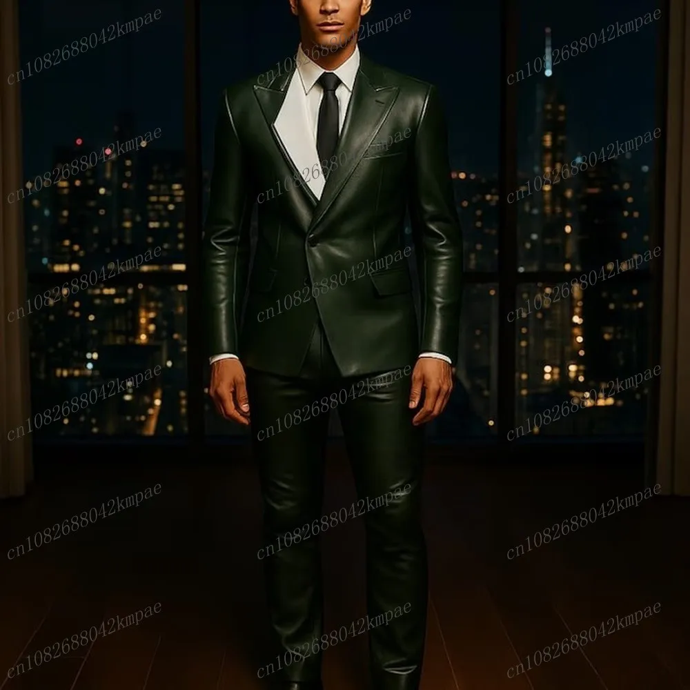

Dark Green And White Leather Men Suit Formal Groom Groomsman Wedding Party Prom Male Business Tuxedos 2 Piece Set Blazer Pants