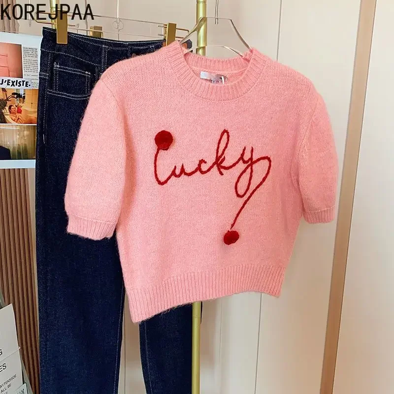 Korejpaa Pullover Sweater 2024 Early Spring Pink Women Clothes Sweet Letter Print Round Neck Pull Femme Outwear Casual Tops