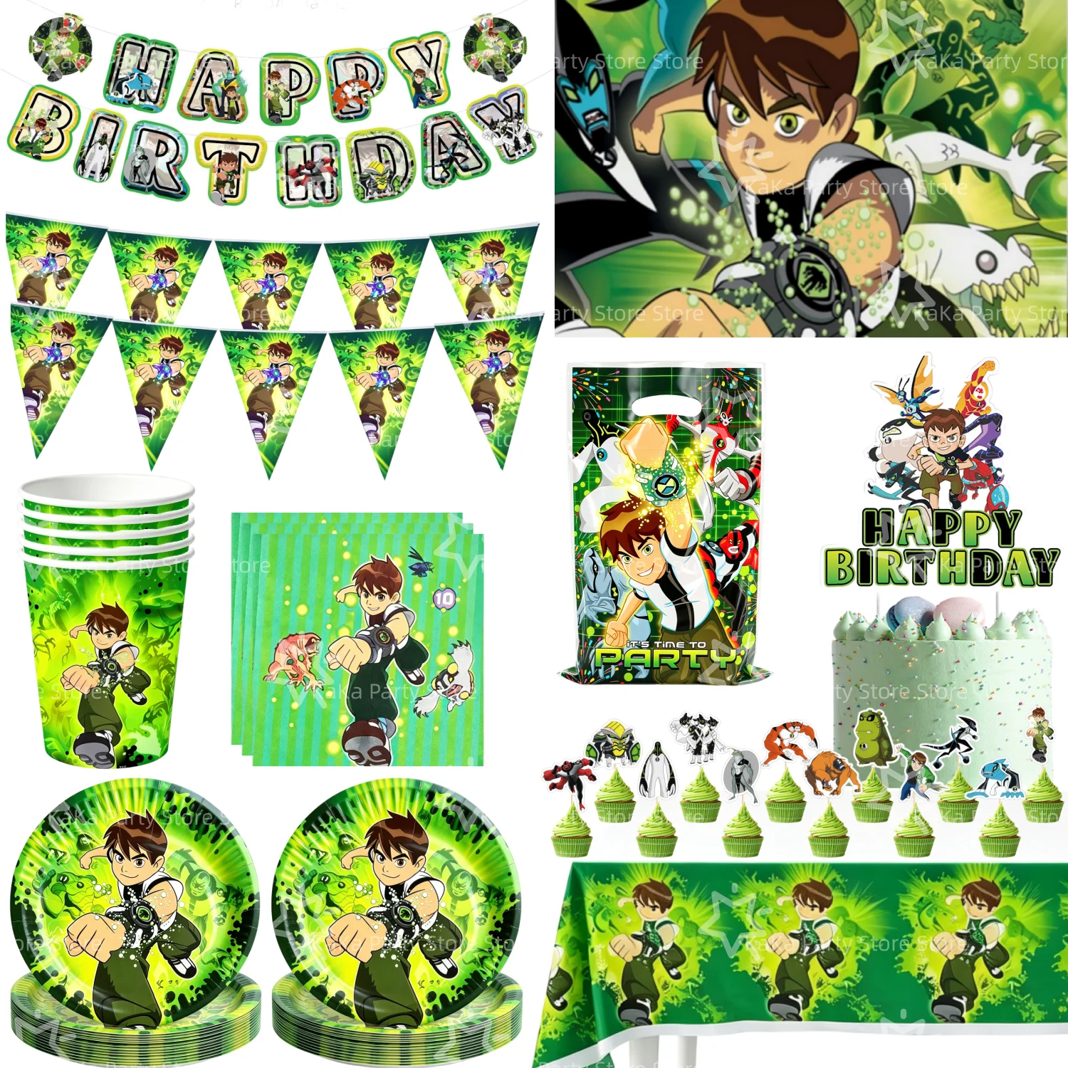 Ben 10 Birthday Party Decoration Tableware Tablecloth Plate Cup Gift Bag Napkin Banner Cake Decor Ben 10 Party Favors Supplies