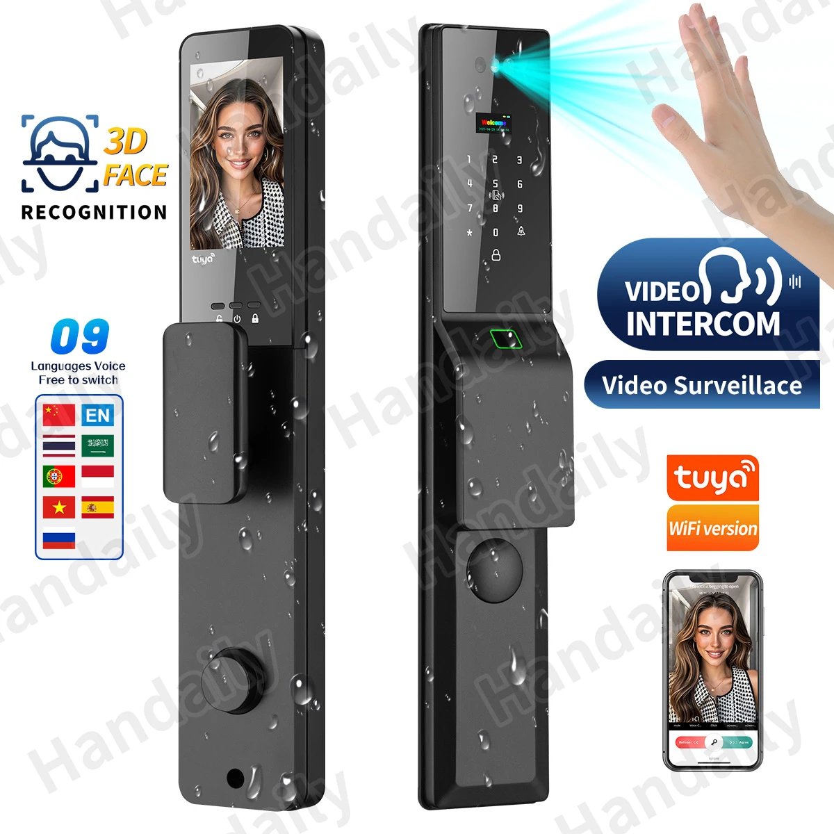 HanDaily WaterProof Video Intercom Face Recognition Smart Locks Tuya Wifi Remote Control  Palm Multi-Language Digital Locks