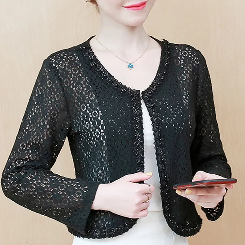 Coats And Jackets Women Long Sleeve Black White Jacket Beading Hollow Lace Jacket Women    Jacket Coat Women D106