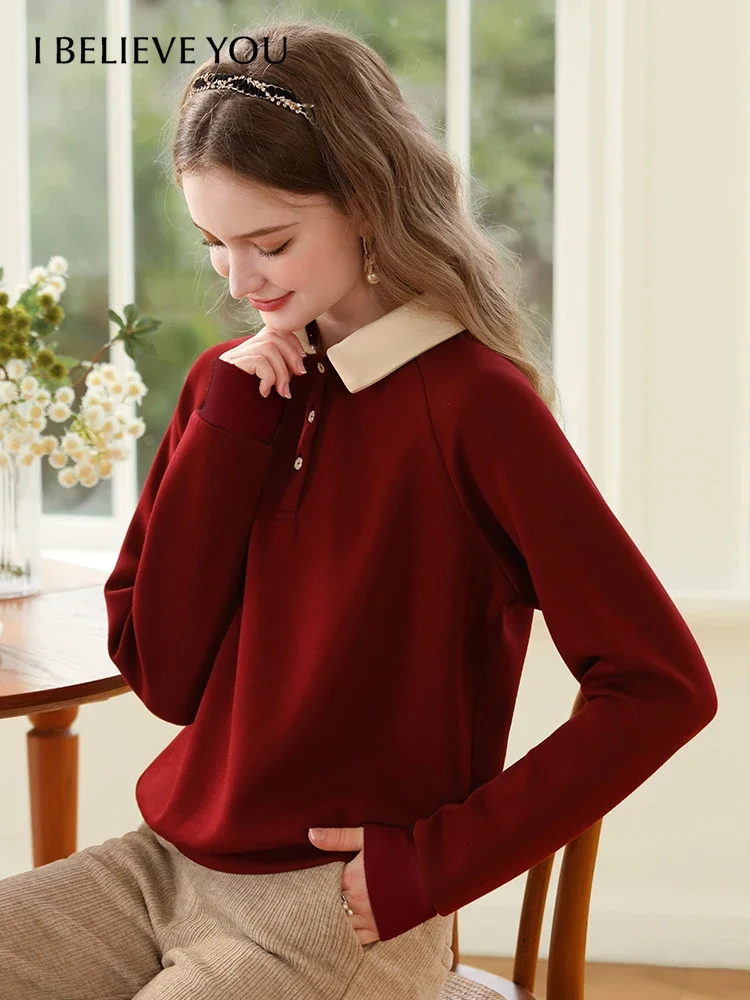 I BELIEVE YOU Red Loose Hoodies For Women 2023 Autumn New Polo Collar Long Sleeve Clothes Casual Gentle Pullovers 2233195317