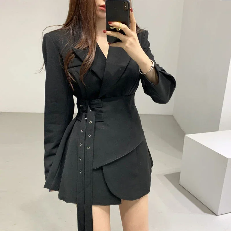 Spring Autumn Suit Dress Solid Color Irregular Bandage Fake Two Piece Dresses Design Chic Elegant Female Slim Women\'s Clothing