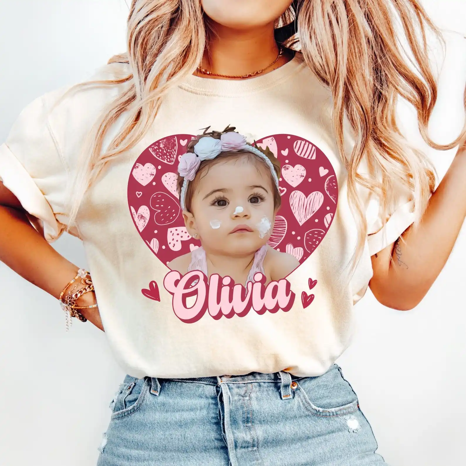 

Custom Cute Heart Unisex T-shirt face Photo Name Text Personalized Family Matching Shirts for Valentines Day Girlfriend Couple's