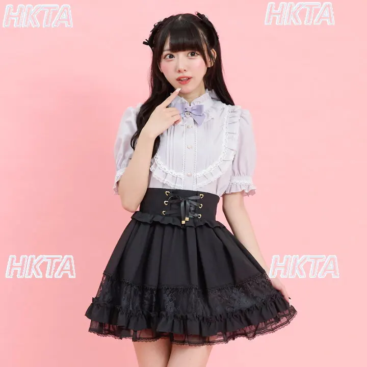Japanese Sweet Hollow Out Lace Patchwork Pleated Ruffled Mini Skirts Ladies Summer Bow Strap Waist Versatile Black Skirt Women