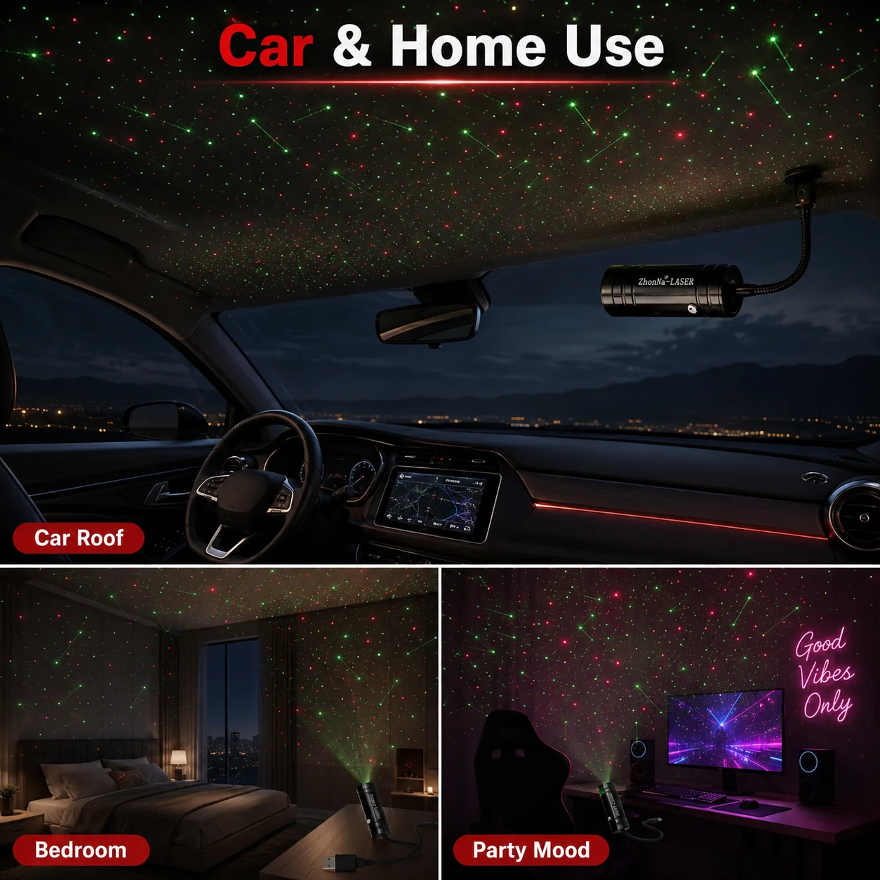 ZhonNa Mini Car Roof Star Light USB-A Voice Control Galaxy Projector Flexible Gooseneck Instrument Accessory for Auto Home Decor