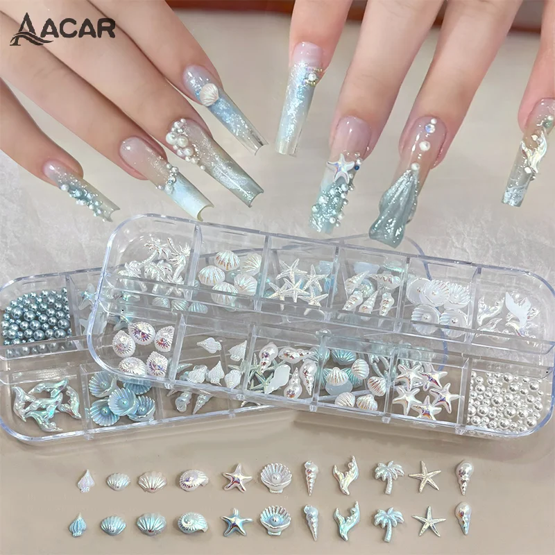 12 Grids/Box Blue White Nail Charm Shell Starfish Mermaid Tail 3d Nail Art Accessories For A Dreamy And Oceanic Manicure Look