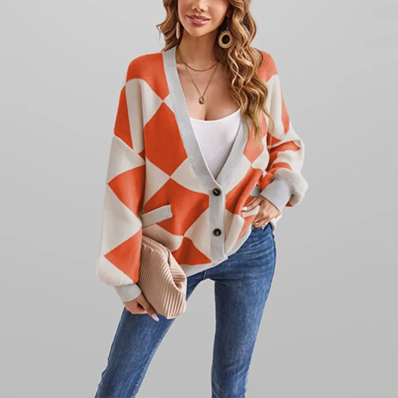

New V-neck Diamond-patterned Patchwork Loose Knitted Cardigan for Women in Autumn and Winter Relaxed Fit Upper Outer Garment