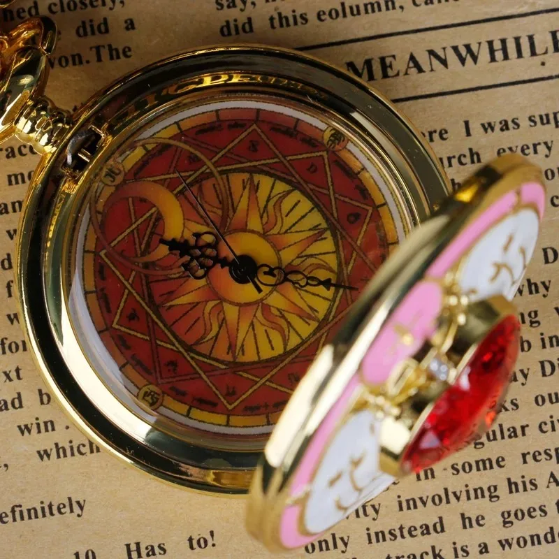 Magic Pink White Trim Ruby Sakura Animation Chain Pocket Watch Necklace Pocket Clock Gifts for Women Girls Cosplay Souvenirs