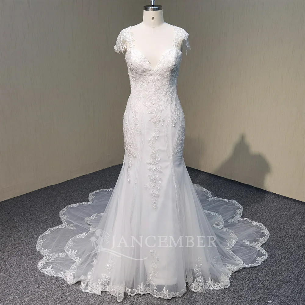 

Luxury Sequin Lace Wedding Gowns Pearls Scoop Neck Sweep Train Open Back Customized Mermaid Bridal Gown for Bride Custom