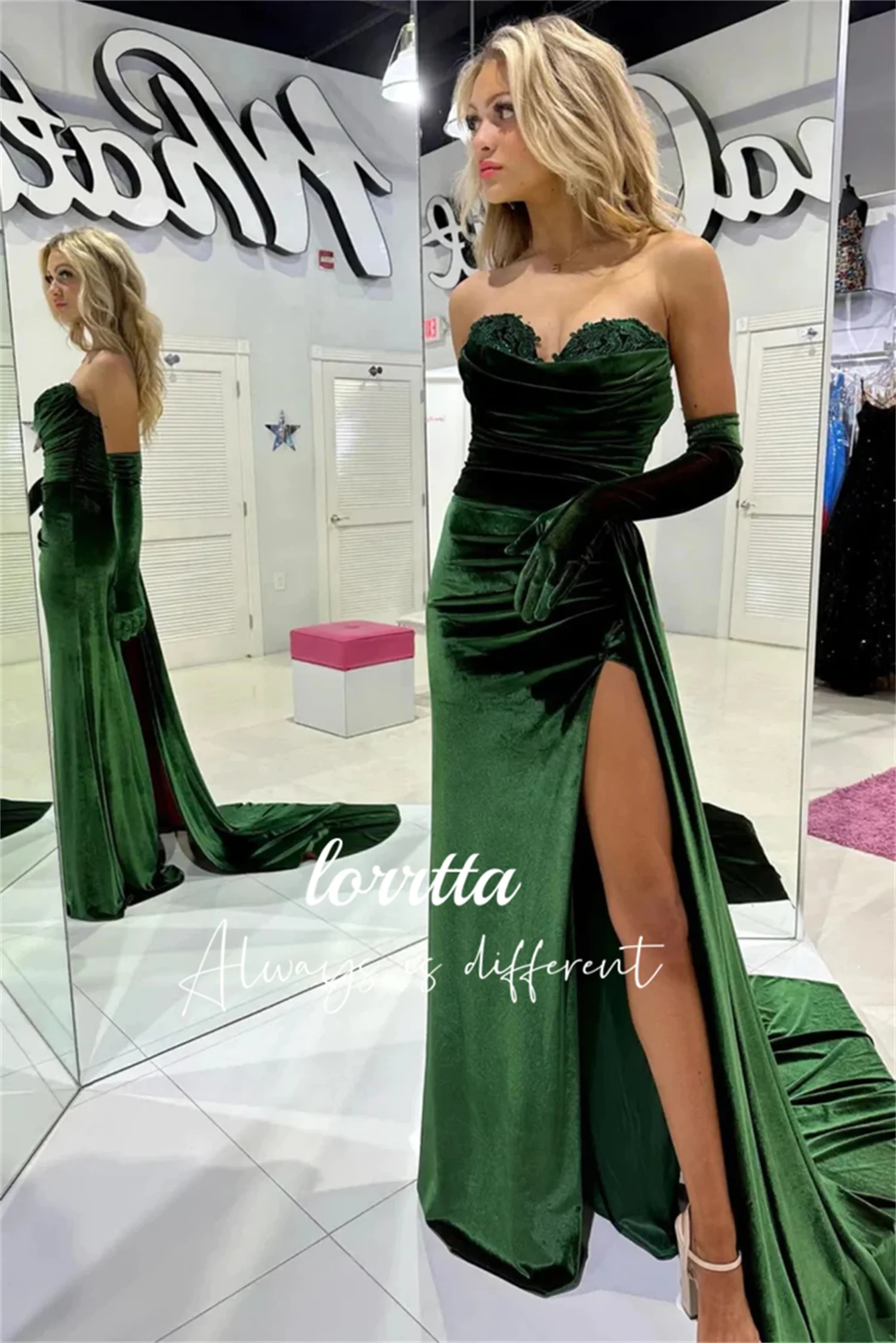 

Lorrtta Vintage Green Velvet Sweetheart Neckline Appliqué Fishtail Skirt With High Slit and Sexy Party Prom Dress فساتين طويلة