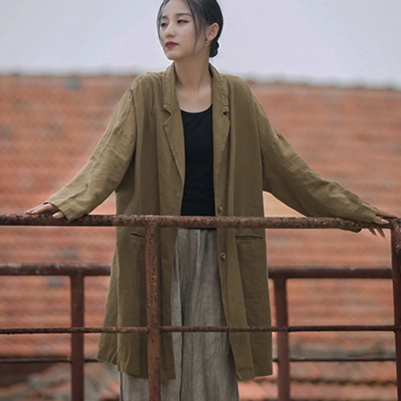 Literary And Artistic Suit Collar Ramie Cotton Solid Color Casual Loose Cardigan Womens Spring Dress In The Long Large Size Coat