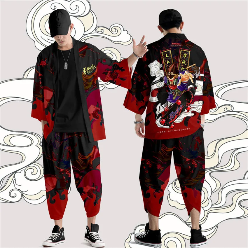 

XXS-6XL Invincible Printing Japanese Style Fashion Kimono And Pants Set Men Cardigan Blouse Haori Obi Asian Clothes