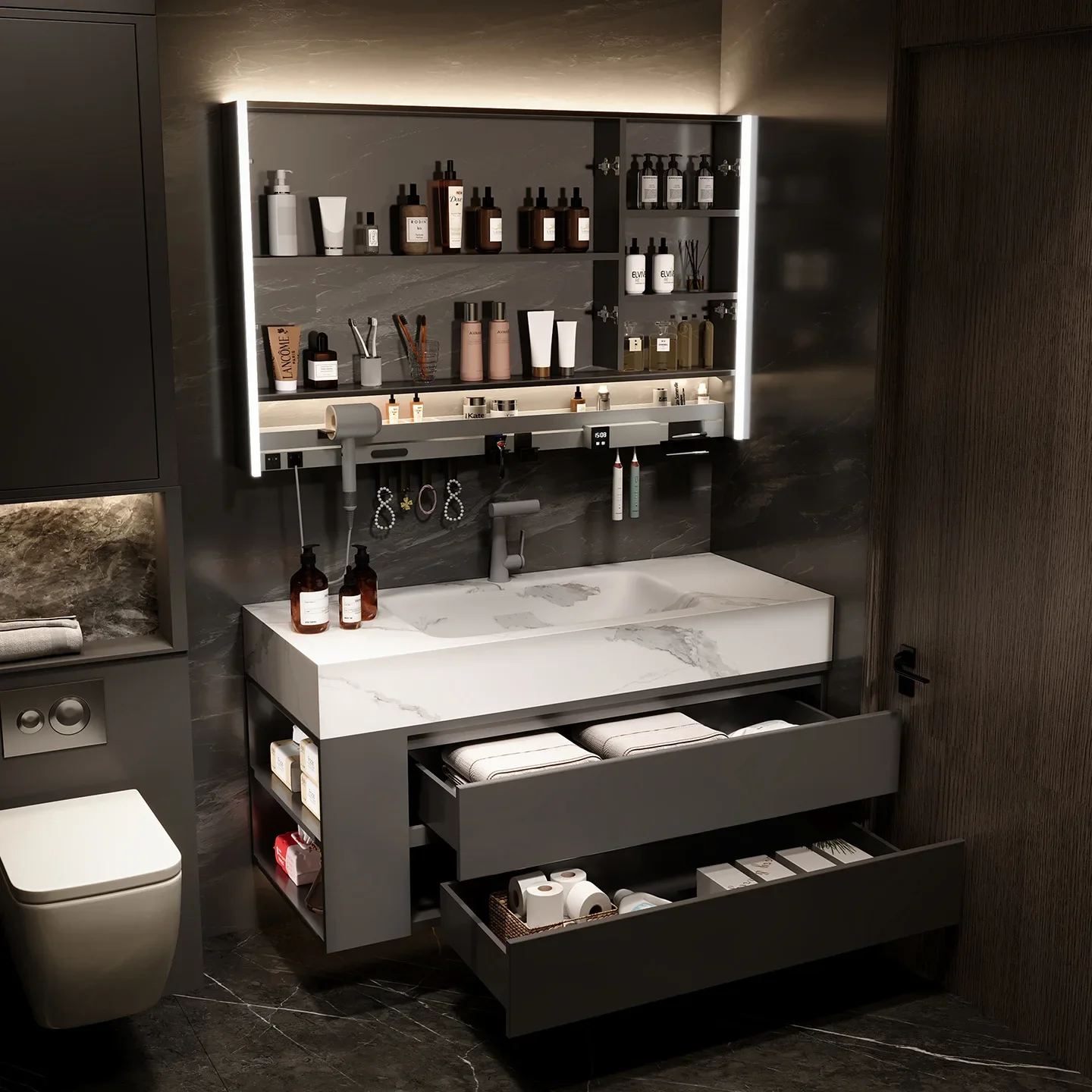 خزانة الحمام مع ألواح الصخور المتكاملة بالوعة المنظم تخزين مرآة رفوف الحائط عرض المرحاض الأثاث العصري #3