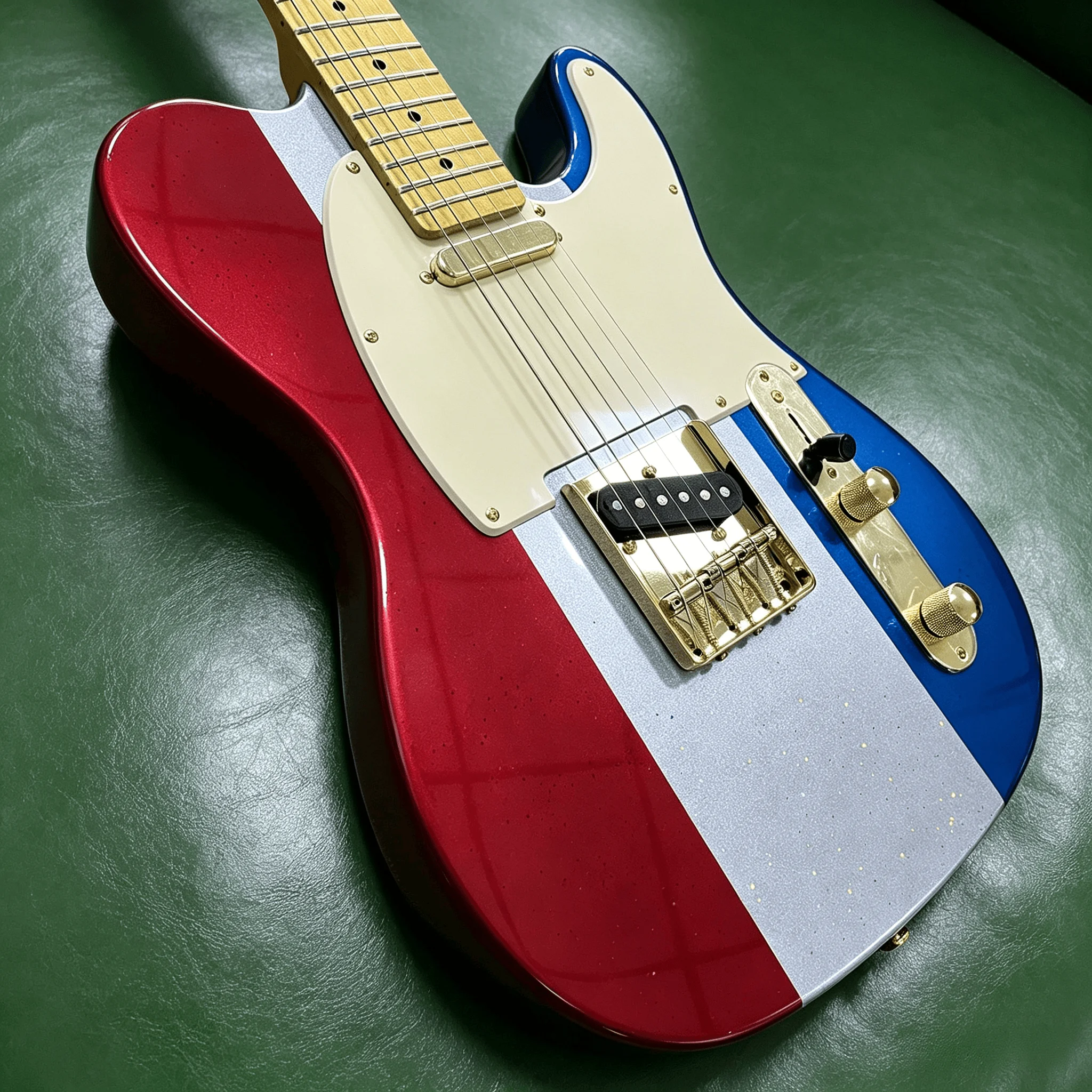 US Warehouse Red White Blue Sparkle Electric Guitar 3 Color Split Metallic Glitter Finish Gold Hardware Cream White Pickguard Single Coil Pickups Vintage Style In Stock Free Shipping view 6