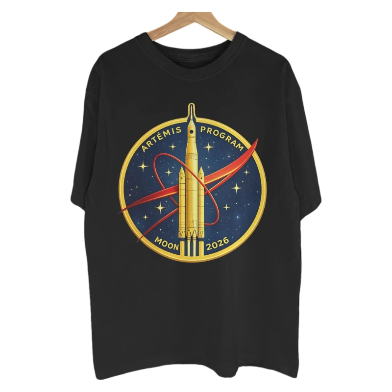 Luxury Gold Artemis II Program Moon 2026 T-Shirt Soft Cotton Short Sleeve Oversized Space Exploration Casual Graphic Loose Tee