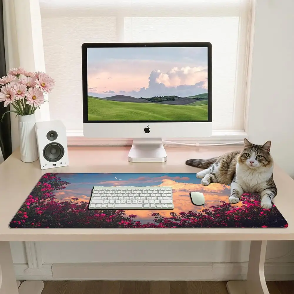 Soft Dreamy Scenery Lush Pink Flower Bushes On Both Sides Huge Fluffy Golden Clouds Tiny Crescent Moon office desk accessories