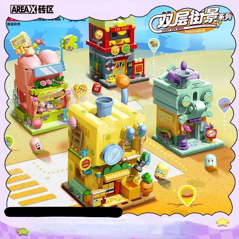 Areax SpongeBob Schwammkopf Street View Serie Puzzle Bausteine Trendy Play Montieren Mobile Ornament Anime Sammlung