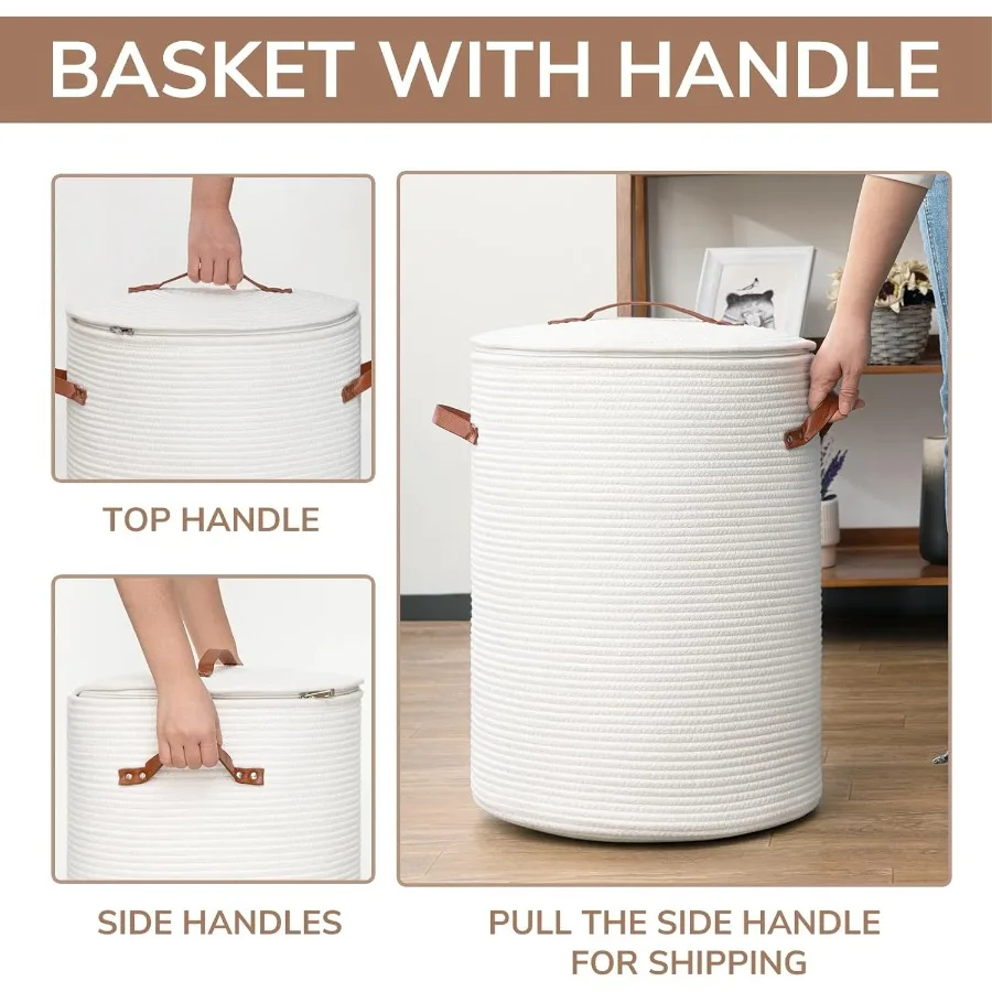 Tall Laundry Basket with Lid for Nursery and Home Use: White Cotton Rope Storage Basket Ideal for Storing Clothes Blankets Toys