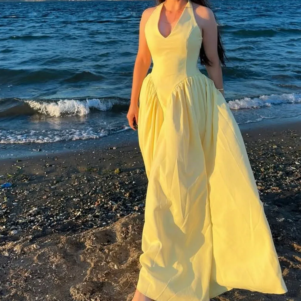 

Customized A-line Evening Dresses Ankle-length V-neck Sleeveless Prom Gown Simple Fashion Draped Backless Casual Party Gown