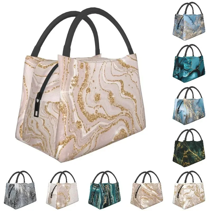 Gold And Cream Marble Pattern Thermal Insulated Lunch Bags Women Geometric Print Portable Lunch Tote Multifunction Meal Food Box