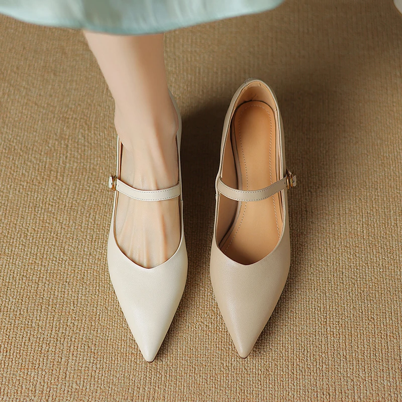 2026 new spring autumn women pumps natural leather plus size 22-26.5cm cowhide+pigskin pointed toe buckle mary janes women shoes