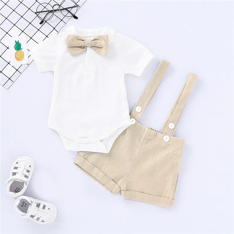 0-24 Months Newborn Baby Boy Gentlemen Clothes Set Bowtie Short Sleeve Cotton Romper+Suspender Pant Toddler Summer 2PCS Outfits