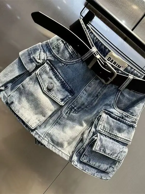 American Retro Spicy Girl Multi-Pocket 3D Workwear Denim  Skirt Women's High Waist Slimming Skirts Summer New Arrival