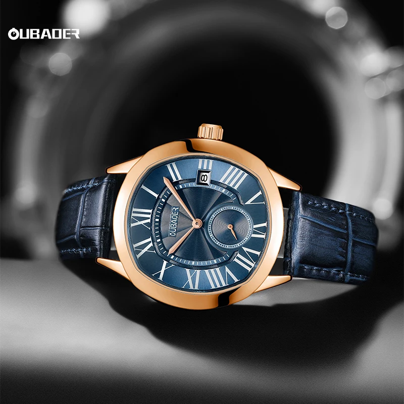 OUBAOER Men's Ocean Series Quartz Watch Streamlined Alloy Case Slim Thickness Soft Genuine Leather Strap Fashion Luxury Clock