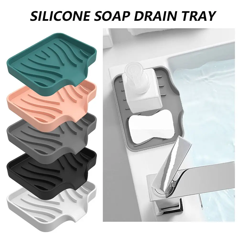 Silicone Kitchen Sink Tray Soap Dish Holder with Built-in Drain Lip Draining Countertop Sink Scrubber Brush Sponge