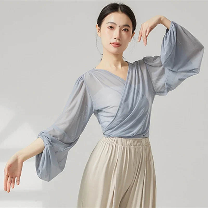 Top da donna per danza classica, manica a lanterna, cravatta in vita, camicia con scollo a V, camicetta in rete, yoga, trasparente, top da allenamento per danza popolare cinese