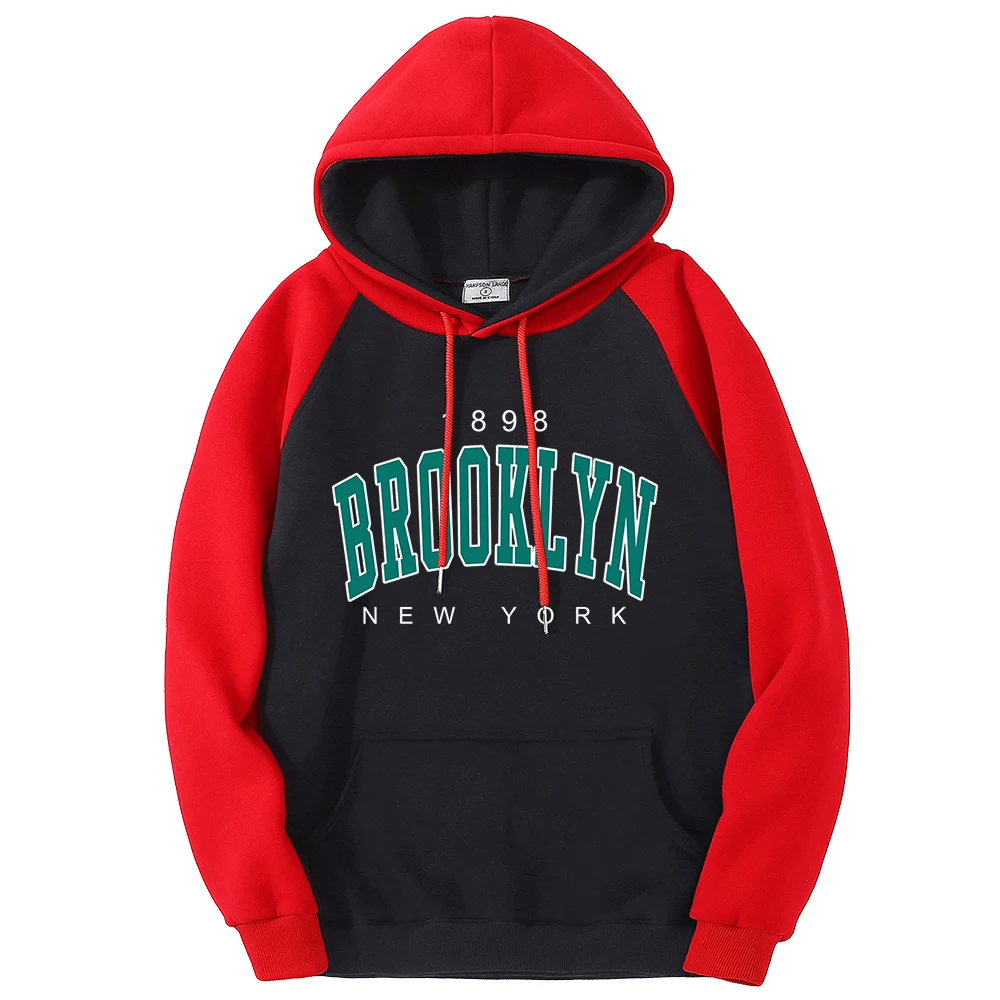 1898 Brooklyn New York Color Collision Men Clothes Cartoons Hoodies Raglan Sweatshirts Loose Hoody Fleece Warm Hoodie Women