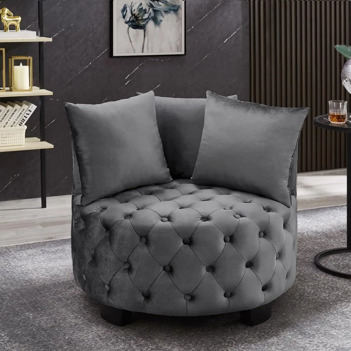 Contemporary Upholstered Tufted Leisure Chair Accent Chair, Sofa Lounge Club Round Chair for Living Room Hotel with 3 Pillows 70