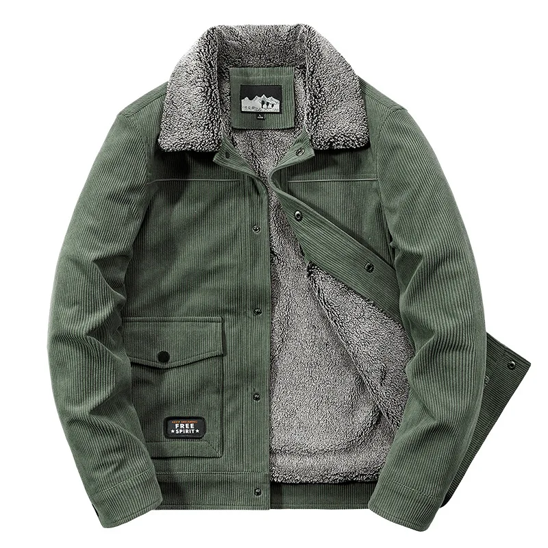 New Fashion Men Corduroy Down Jackets Man Fleece Warm Multiple Pockets Casual Tooling Jackets Male Winter Cargo Coats Size 4XL