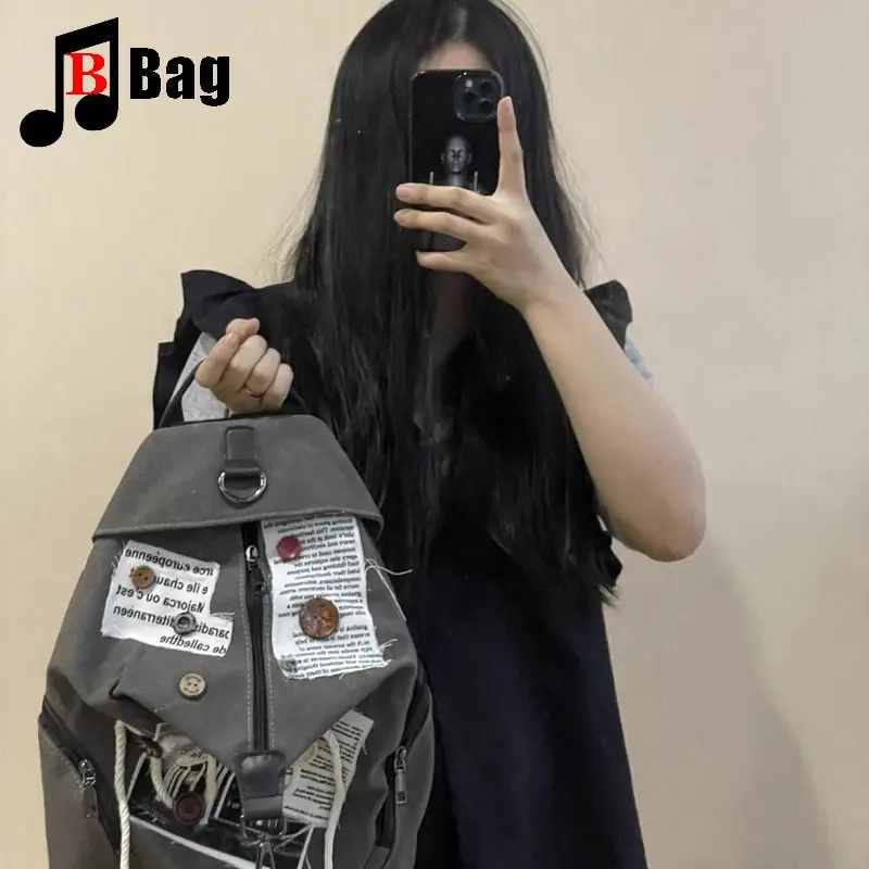 Y2K Gothic Women's Girls Punk Harajuku Handbag Button Hemp Rope Patch Backpack Canvas Korean Version Casual College Style Totes